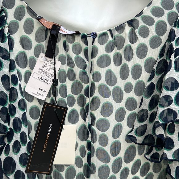 BCBGMaxAzria NWT Ruffle Sleeve Crew Neck Midi Polka Dot Dress Navy/Green Size L - Picture 7 of 12